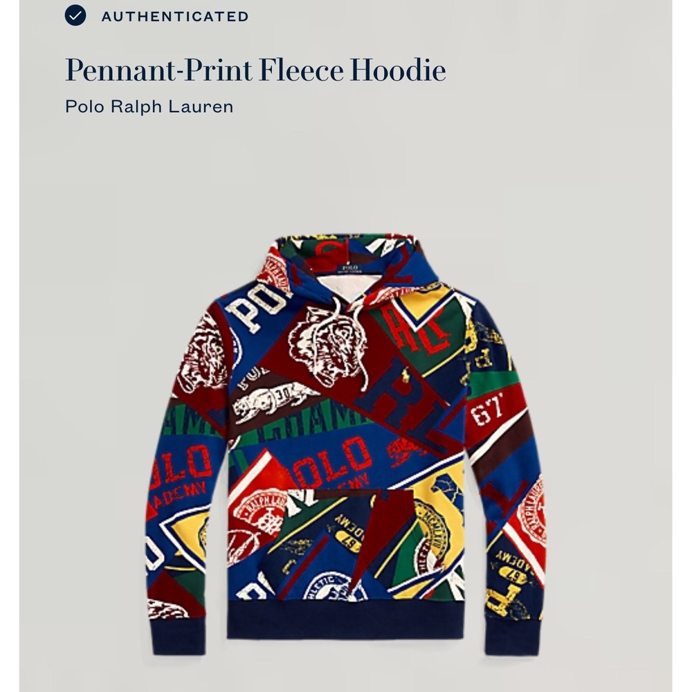 Polo Ralph Lauren Pennant Print Fleece Hoodie Mens L Multi Color Varsity Tiger
